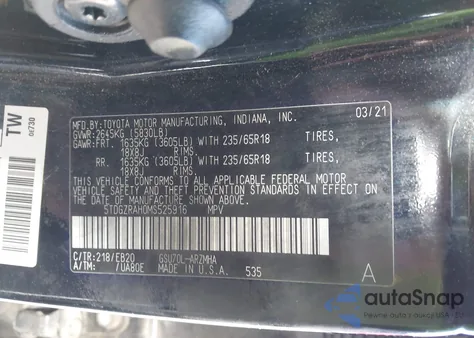 2021 Toyota Highlander Xle из США, поврежденный, VIN 5TDGZRAH0MS525916